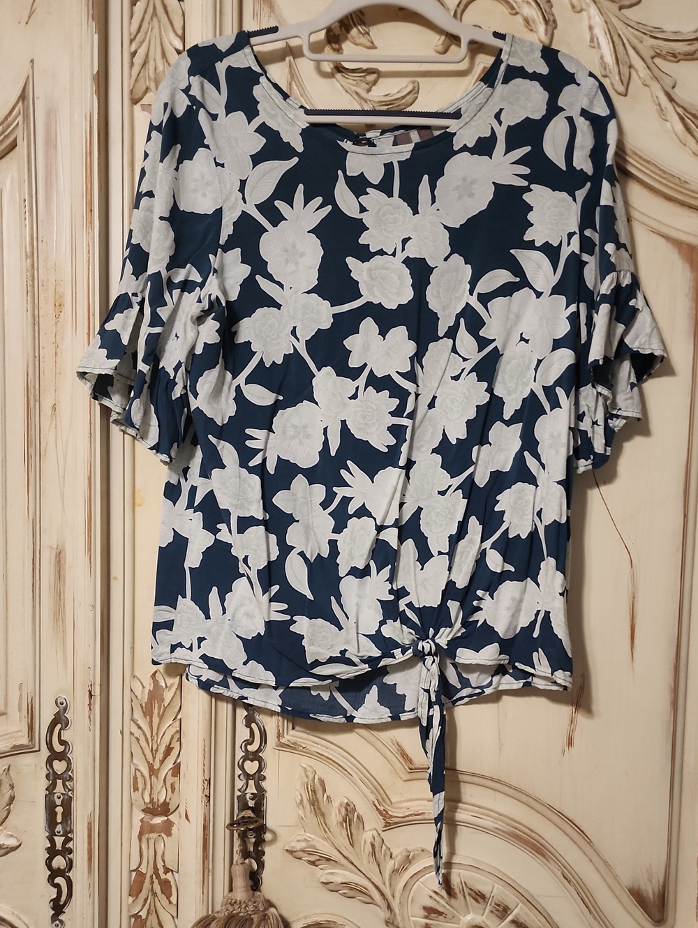 Navy Floral Tie-Front Blouse - Women